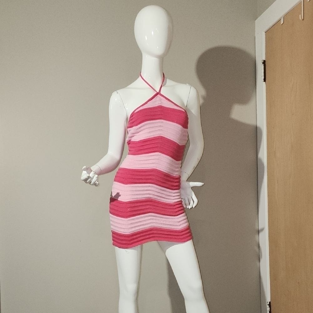 Fashion Nova Pink and Red Striped Halter Dress